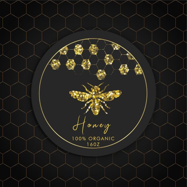 Sparkle Sequin Gold Honigbiene Runder Aufkleber (#Luxurious #beelogo #honeylabel #goldframe #customlogobusinesssticker #etsybusinesssticker #sequin)