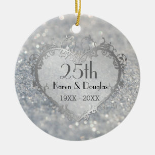 Sparkle Silver Heart 25. Hochzeitstag Keramik Ornament