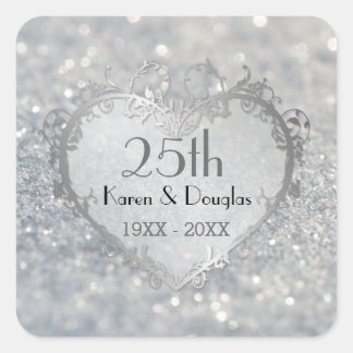 Sparkle Silver Heart 25. Hochzeitstag Quadratischer Aufkleber
