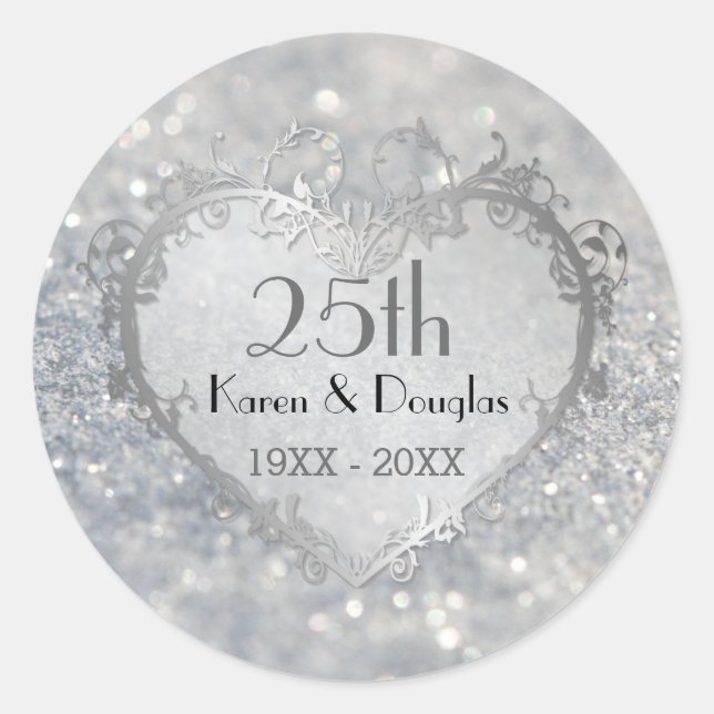 Sparkle Silver Heart 25. Hochzeitstag Runder Aufkleber (Vorderseite)