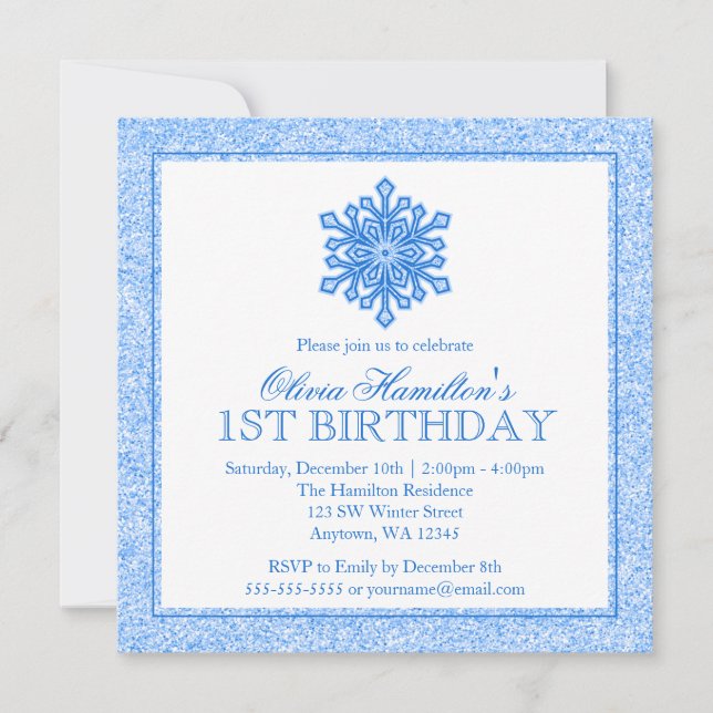 Sparkle Snowflake Blue 1. Geburtstag Einladung (Vorderseite)