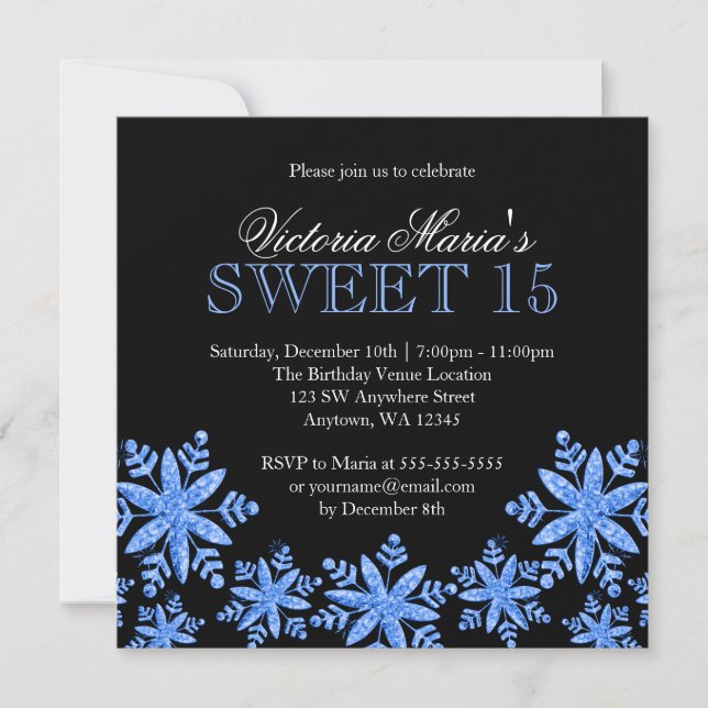 Sparkle Snowflakes Blue Sweet 15 Winter Wonderland Einladung (Vorderseite)