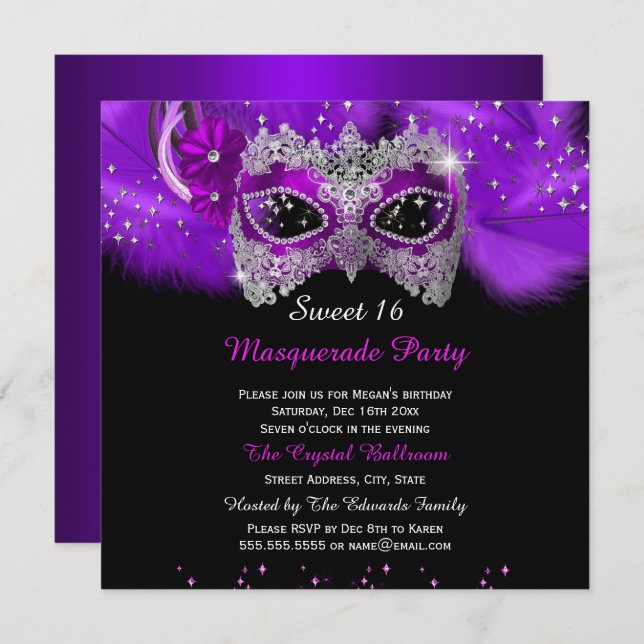 Sparkle Spitzen Maske Lila Masquerade Sweet 16 Einladung (Vorne/Hinten)