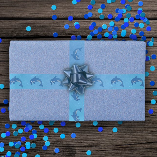 Sparkle springt Niedliche Delphine Dunkelblau Satinband (Glitter dark blue and white jumping dolphins water bubbles on pretty blue gift wrap ribbon.)