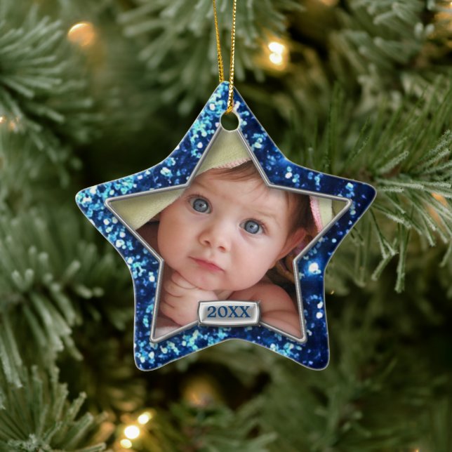 Sparkle Star Blue/Silver Foto Keramik Ornament (Baum)