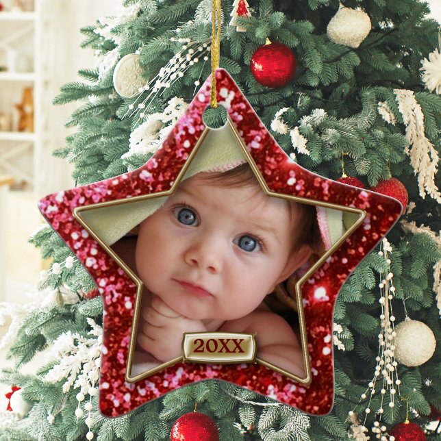 Sparkle Star Red/Gold Foto Keramik Ornament (Von Creator hochgeladen)