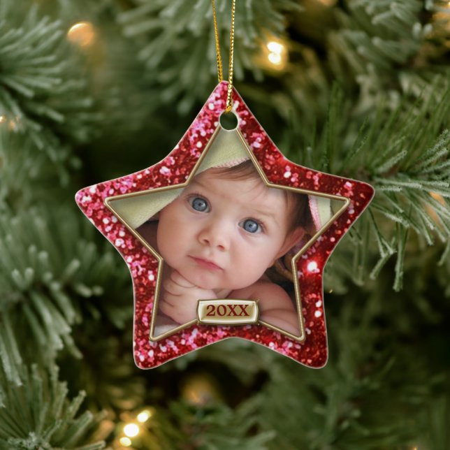 Sparkle Star Red/Gold Foto Keramik Ornament (Baum)