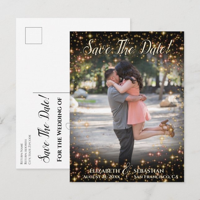 Sparkle Stars Foto Overlay Wedding Save the Date Ankündigungspostkarte (Vorne/Hinten)