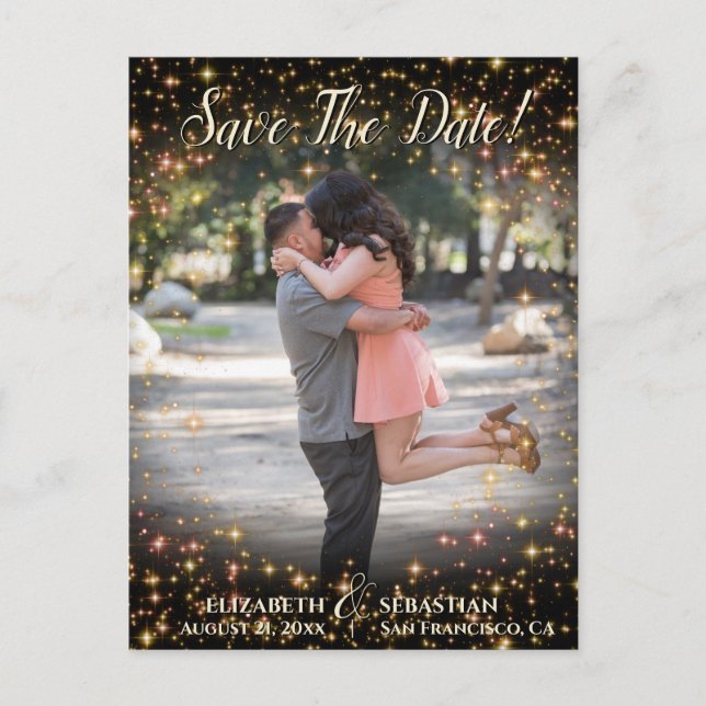Sparkle Stars Foto Overlay Wedding Save the Date Ankündigungspostkarte (Vorderseite)