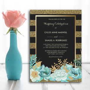 Sparkle Stripe Gold Minze Blumen Hochzeit Einladun Einladung