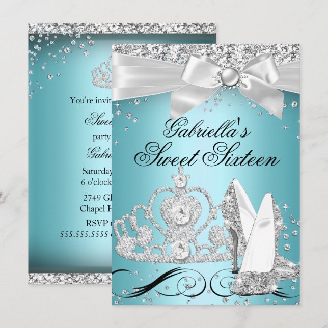 Sparkle Tiara Heelses Aquamarin Sweet 16 Einladung (Vorne/Hinten)
