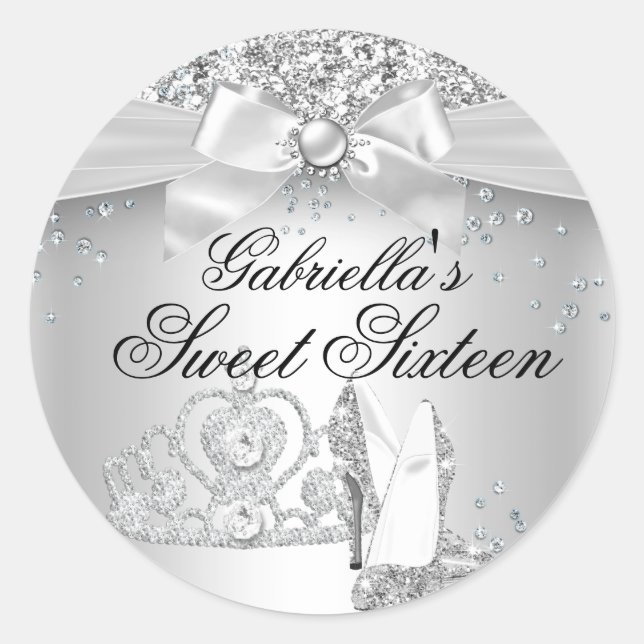 Sparkle Tiara & Heelses Silver Sweet 16 Sticker (Vorderseite)