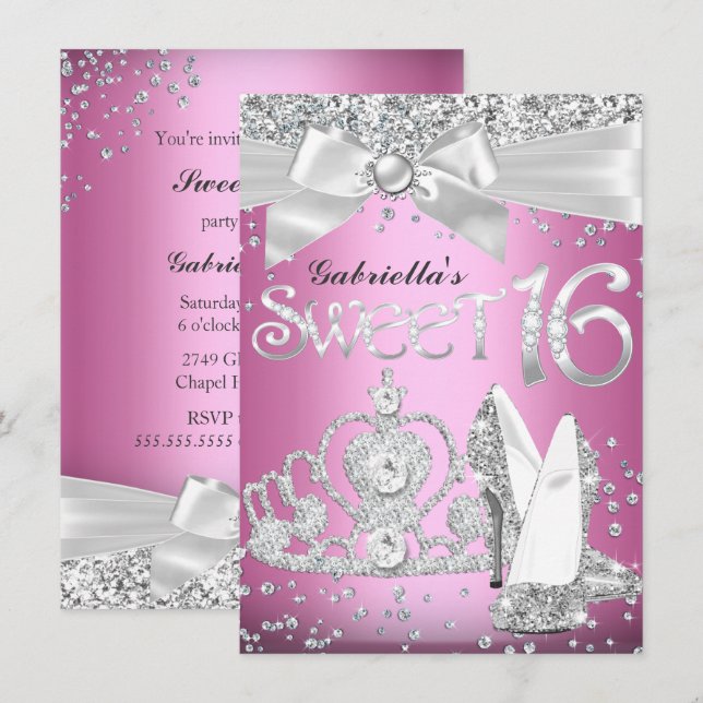 Sparkle Tiara & Heelses Sweet 16 Einladend Rosa Einladung (Vorne/Hinten)