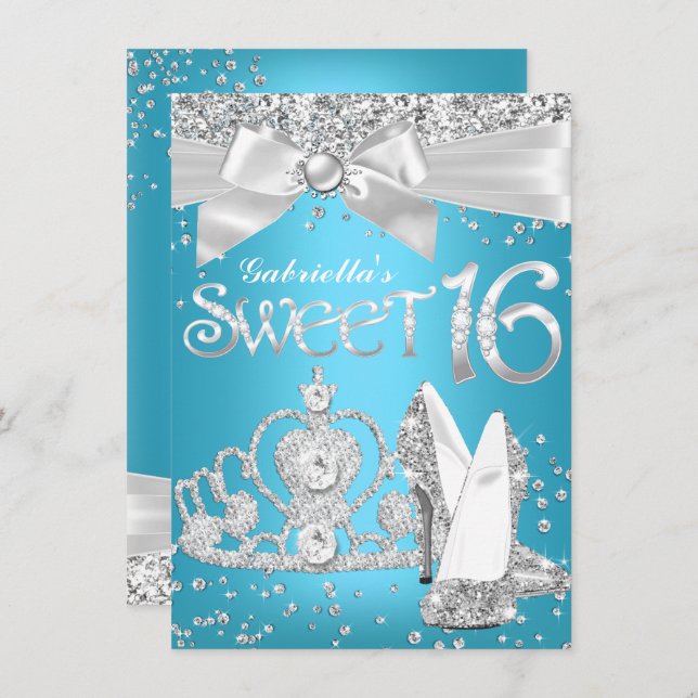 Sparkle Tiara Heelses Sweet 16 Invite Blue Einladung (Vorne/Hinten)