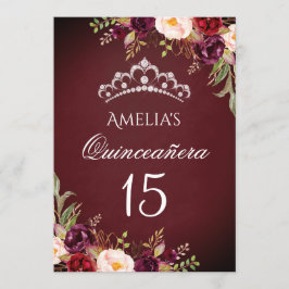 Sparkle Tiara Silver Burgundy Floral Quinceanera Einladung