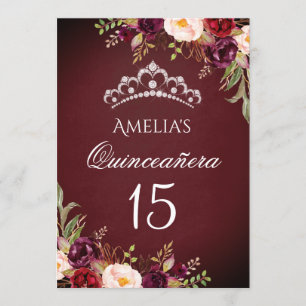 Sparkle Tiara Silver Burgundy Floral Quinceanera Einladung