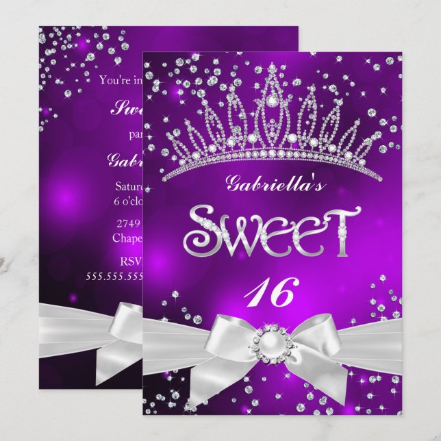 Sparkle Tiara Sweet 16 lila Party Einladung (Vorne/Hinten)