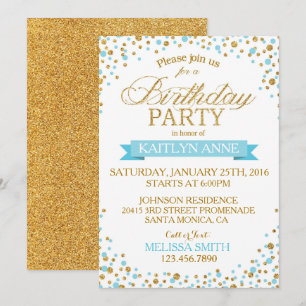 Sparkle Turquoise und Gold Glitzer Dots Geburtstag Einladung
