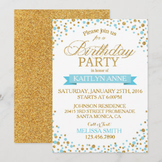 Sparkle Turquoise und Gold Glitzer Dots Geburtstag Einladung