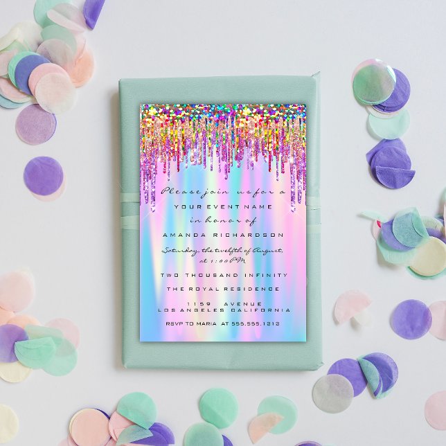 Sparkle und Shine mit Rainbow Glitzer Tropfen Brid Einladung (Rainbow Glitter Drip Bridal Sweet 16th Holographic Invitation)