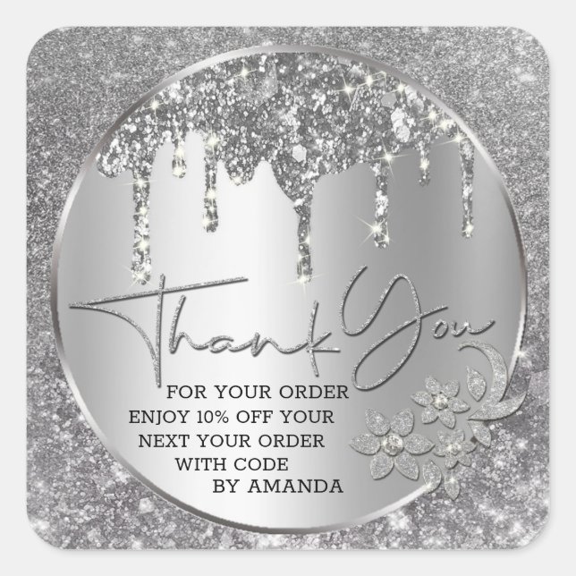 Sparkle Vielen Dank Silver Drilling Glitzer Quadratischer Aufkleber (Vorderseite)