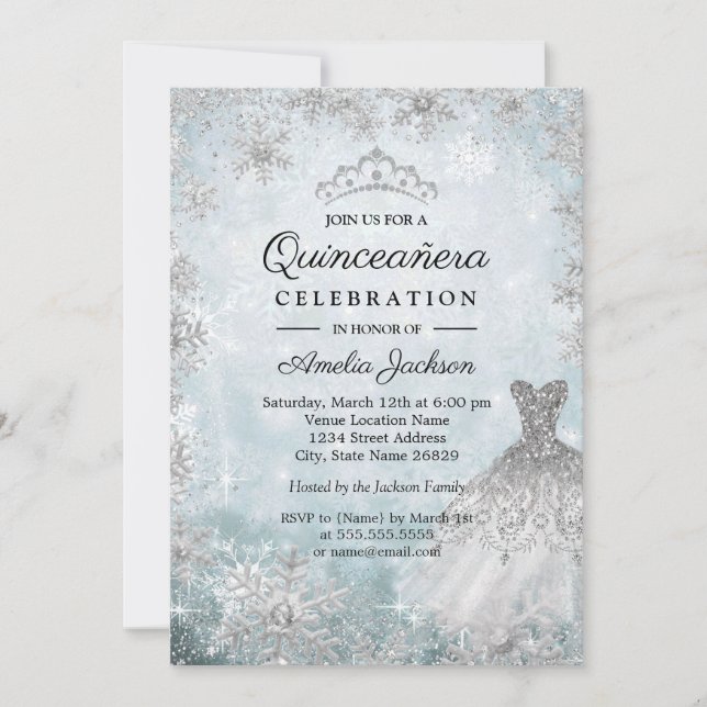 Sparkleider Snowflakes Blue Winter Quinceanera Einladung (Vorderseite)
