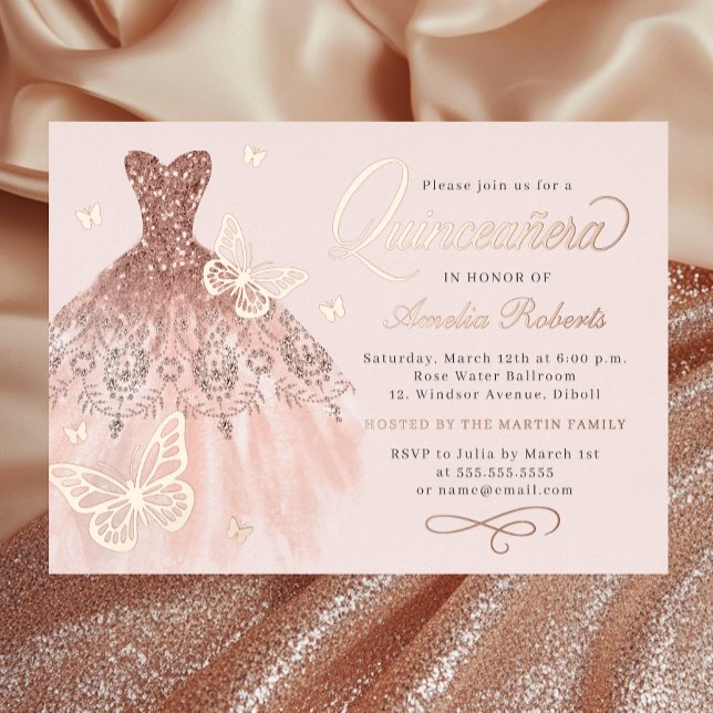 Sparkline Rose Gold Butterfly Kleid Quinceanera Folieneinladung (Von Creator hochgeladen)
