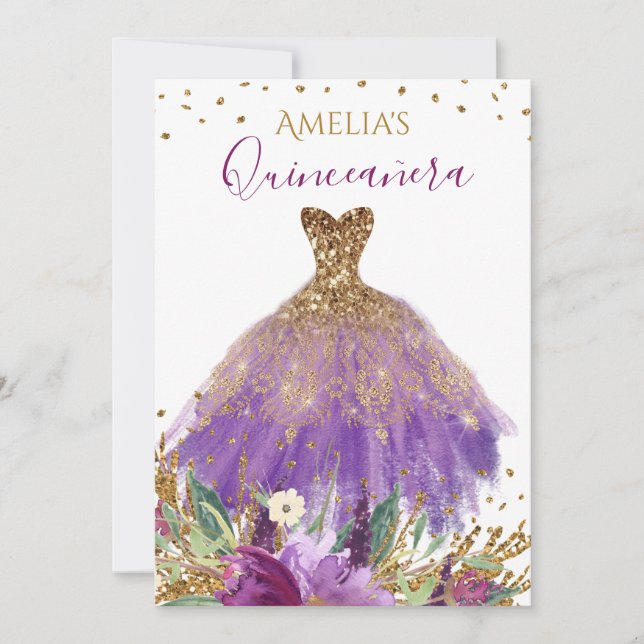 Sparkling Amethyst Dress Quinceanera Einladung (Vorderseite)