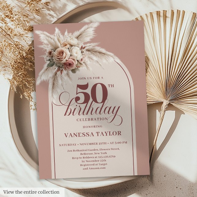 Sparkling Arch Powder Pink Pampas Floral Fifty Einladung (Sparkling Arch Powder Pink Pampas Floral 50th Birthday)