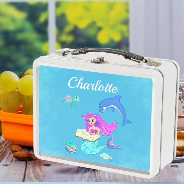 Sparkling beim Lesen von Mermaid-Büchern personali Metall Brotdose (Take a dip into imagination with our Sparkling Mermaid Reading Books Personalized Metal Lunch Box!)