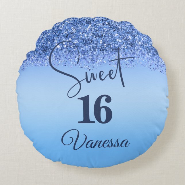 Sparkling Blue Imitats Glitzer Sweet 16 Round Pill Rundes Kissen (Vorderseite)