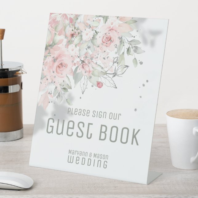 Sparkling Blush Peony Guest Book Pedestal Sign Sockelschild (In Situ)