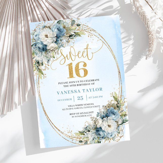 Sparkling Dusty Blue Greenery Sweet Sixteen Invite Einladung (Sparkling Dusty Blue Greenery Sweet Sixteen Invite Design)