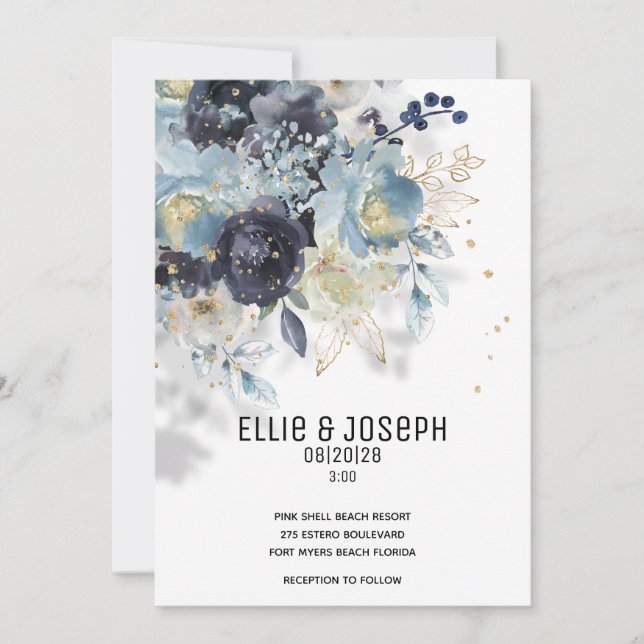 Sparkling Dusty Blue & Plum Wedding Einladung (Vorderseite)