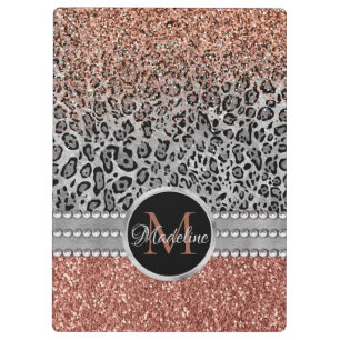 Sparkling Girly Rose Gold Glitzer Leopard Monogram Klemmbrett