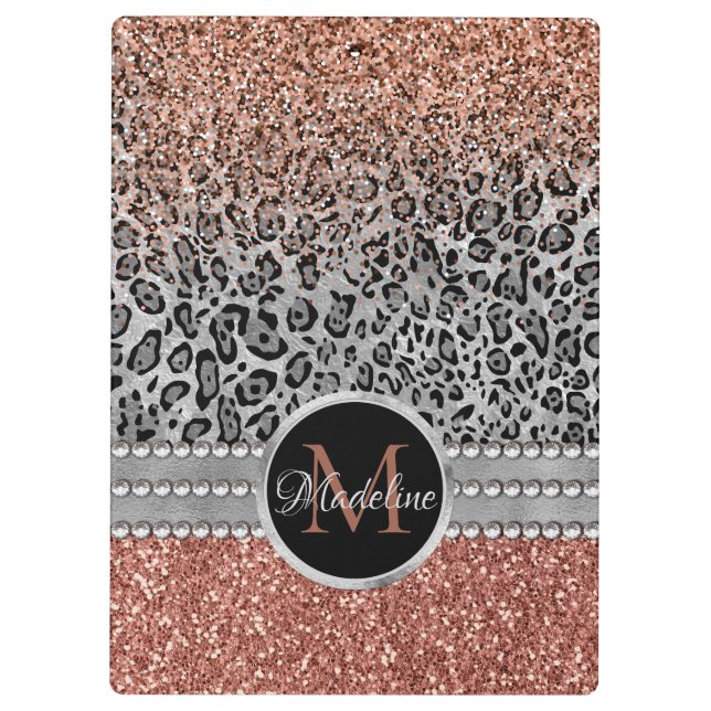 Sparkling Girly Rose Gold Glitzer Leopard Monogram Klemmbrett (Rückseite)