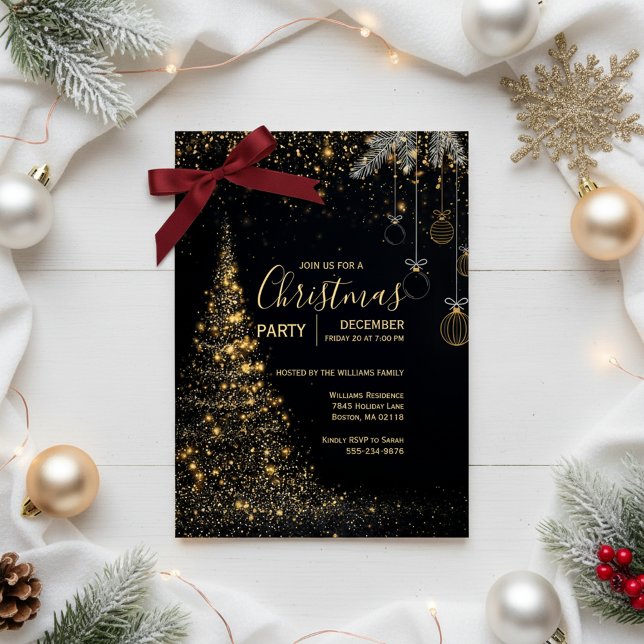 Sparkling Gold Christmas Tree Invitation Einladung (Magical Holiday Celebration)