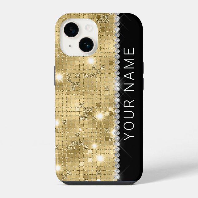Sparkling Gold Glitter Custom Name iPhone Hülle (Rückseite)