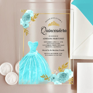Sparkling Gown Aqua Blue Floral Gold Quinceanera Acryleinladungen