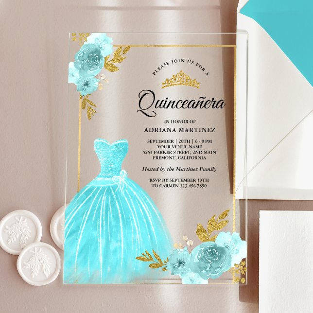 Sparkling Gown Aqua Blue Floral Gold Quinceanera Acryleinladungen (Von Creator hochgeladen)