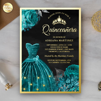 Sparkling Gown Aquamarine Rose Black Quinceanera G Folieneinladung