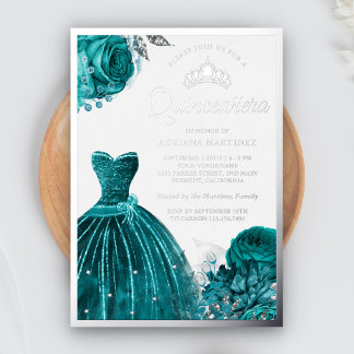 Sparkling Gown Aquamarine Rose Quinceanera Folieneinladung
