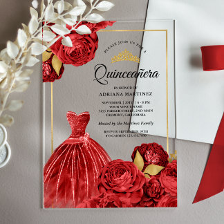 Sparkling Gown Rote Rosen Gold Quinceanera Acryleinladungen