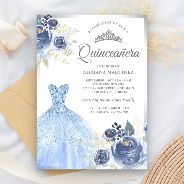 Sparkling Gown Soft Blue Rose Silver Quinceanera Einladung (Von Creator hochgeladen)