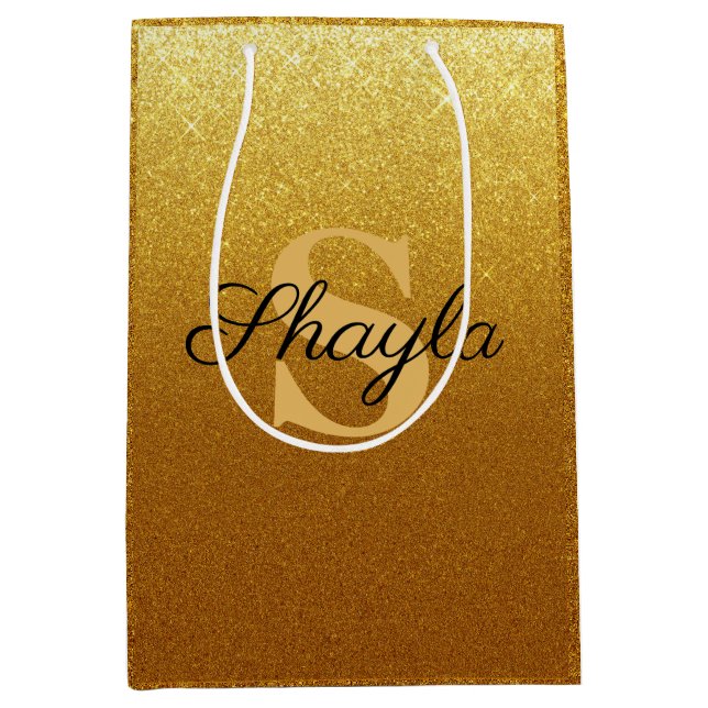 Sparkling Imitate Gold Glitzer Mit Monogramm Mittlere Geschenktüte (Vorderseite)