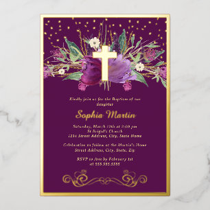 Sparkling Lila Amethyst Floral Cross Baptisse Folieneinladung