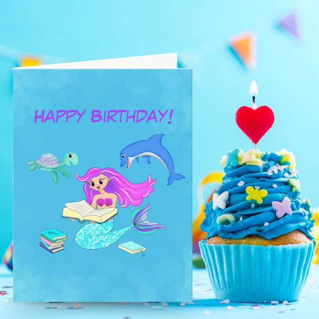 Sparkling Mermaid Reading Books Happy Birthday Karte (Wishing you a magical birthday filled with sparkling adventures and enchanting stories.)