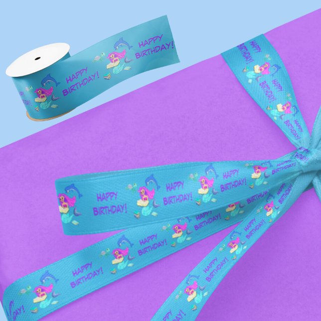 Sparkling Mermaid Reading Books Happy Birthday Satinband (Wrap up birthday wishes with our Sparkling Mermaid Reading Books Happy Birthday Satin Ribbon!)