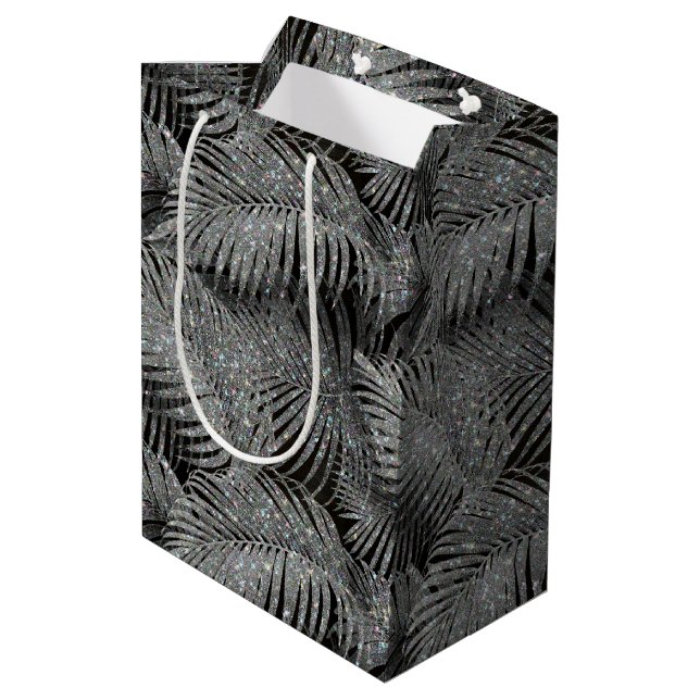 Sparkling Palm Leaves Pattern Silver ID 831 Mittlere Geschenktüte (Rückseite Schrägansicht)