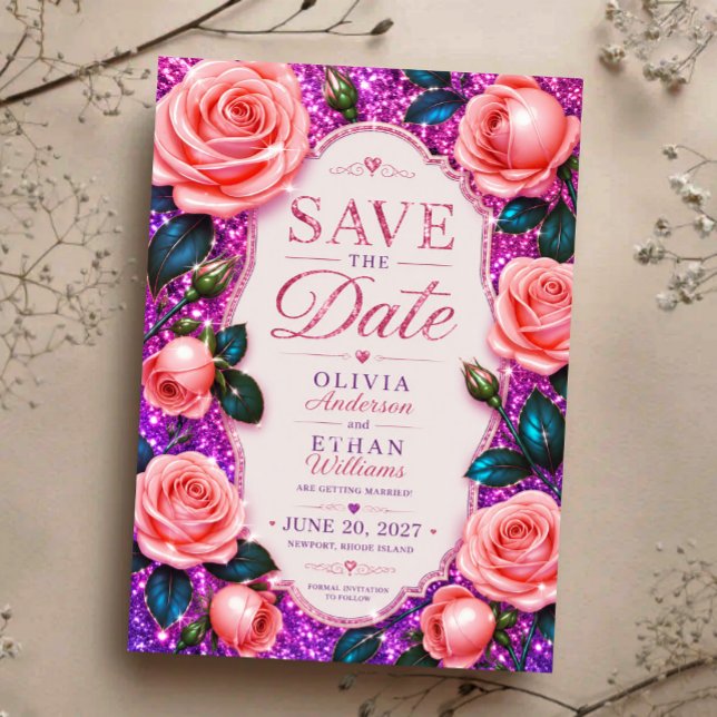 Sparkling Pink Glitter Rose Save The Date (Von Creator hochgeladen)